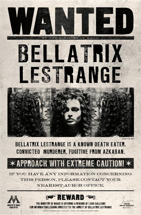 Harry Potter Wanted Bellatrix Lestrange Wanted Poster Wall