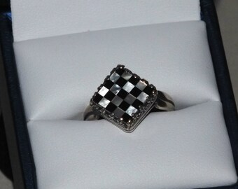 Unique Checkerboard Mosaic Pattern Mother-of-Pearl Adjustable Ring. I'll size for you prior to shipment or do-it-yourself, I'll tell you how