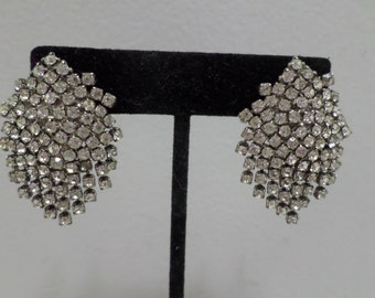 Vintage Clip on Earrings silver tone metal with clear rhinestones costume jewelry