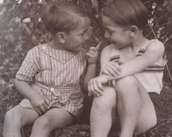 vintage photo Little French Boys Share a Secret Glass Negative