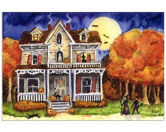 Halloween Trick or Treat - PRINT of my Original Watercolor Painting Folk Art
