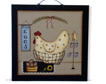Primitive Chicken in Basket Wall Art, Handpainted Wood Sign, Hand Painted Prim Home Decor, Tole Decorative Painting