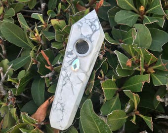 White Turquoise Howlite Crystal Pipe , healing crystal stones, healing crystas, crystals, crystal Pipe, Crystal Smoting Pipe, Crystal Stones