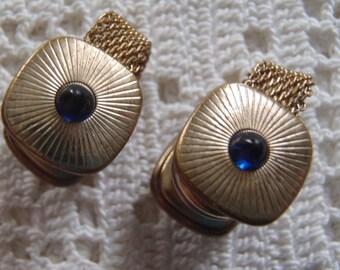 Vintage Snap Cuff Links Gold Tone Mesh Blue Rhinestones