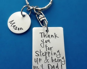 Step-Dad Gift, Hand Stamped Thank You for Stepping Up & Being a Dad Keychain, Father's Day gift for Step-Father, Personalized Step-Dad Gift
