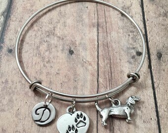 Dachshund initial bangle - dachshund jewelry, doxie jewelry, weenie dog jewelry, dachshund bangle, doxie bracelet, silver dachshund pendant