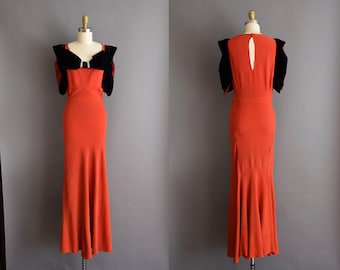 1930s vintage red rayon full length gown with black velvet trim 30s Small Medium art deco dress