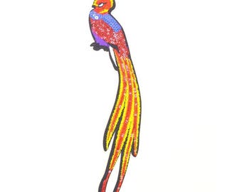 Bird 32 Cm large Customisation textile Applique / patch fusible fabric colored SEQUINS: red yellow blue black Couture animal theme