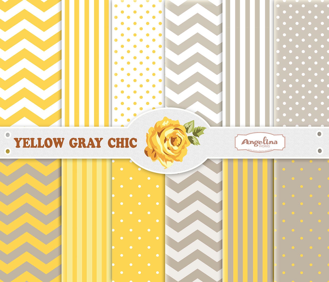 12 Digital Yellow Gray Chevron Scrapbook Paper Pack For