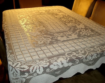 Large Antique Elaborate Off White Handmade Filet Lace Tablecloth 63” X 78”