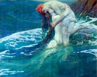 Amorous Embrace Of A MERMAID & Her Human LOVER. Stunning Mermaid PAINTING. Digital Mermaid Download. Sea Sprites Antique Art.