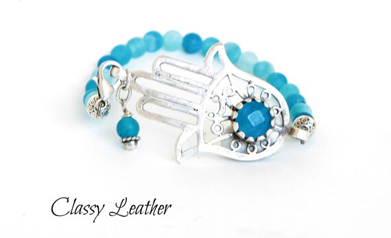 Boho bracelet, Bohemian Jewelry,Hand of Fatima bracelet, Aqua Blue Jade Stone, Zamak bracelet,Beaded bracelet, Light Blue Frosted Agate