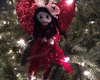 Red angel for Christmas tree, Christmas angel tree topper, Red angel with black hair tree topper, glitter winged angel for tree