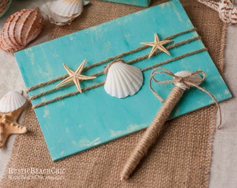 Beach Wedding Guest Book, Ocean Wedding Guestbook, Aqua Guest Book Pen Holder, Starfish Guest Book, Book Alternative, Shell Wedding Pen