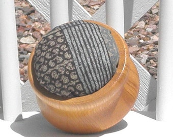 Pincushion Wooden Base Non Slip Ring Handmade Blue Gray Brown