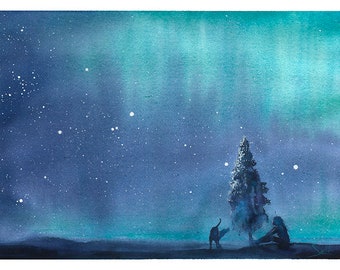 Raum ART PRINT Aquarell Landschaft Nacht Himmel Kunst