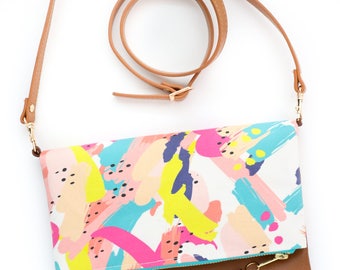 Boho Tassel Clutch in Abstract Brushstroke Print and Tan Vegan Leather and Gold zipper close