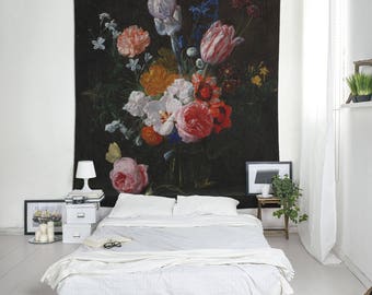 Floral Tapestry, Bouquet of Flowers, Vintage Tapestry, Classic Painting, Wall Art Tapestry, Black Tapestry