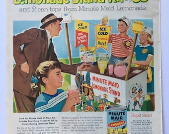 1956 Minute Maid Lemonade Magazine Ad Art - Lemonade Stand Kit Ad, Classic Ad Art