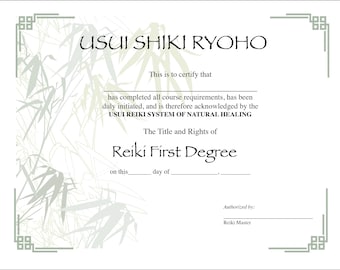Usui Reiki I Certificate Printable pdf Template Digital 11 X 8.5 with Shades of a Green Bamboo Background
