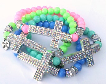 Beaded Bracelet, Silver AB, Cross Bracelet, Minimalist, Faith, Stretch Bracelet, Handmade, Custom, Beaded Jewelry