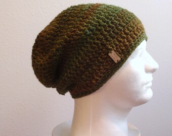 Crochet Slouch Hat Brown Beanie, Man Beanie, Womens Hat, Olive Green Brown Striped, Slouchy Beanie, Mens Fashion, Fall Apparel