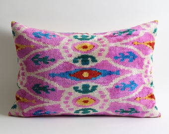 ikat pillow cover, pink velvet pillow cover, toss pillow, decorative pillows, handmade, ikat velvet, silk, pillow covers, designer pillow