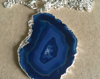 Blue Agate Slice Pendant Necklace