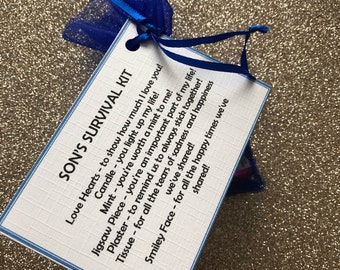 SON'S personalised survival kit, keepsake, novelty gift, Birthday, party favour, gifts for him, wedding favours, table decorations