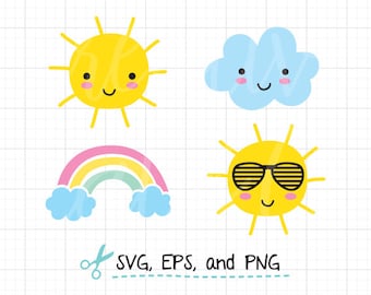 Smiling Sun SVG EPS File Cute Sun with Face svg Happy Sun Wearing Sunglasses svg Cartoon Summer Sun Cloud Rainbow svg Cut File eps Clipart