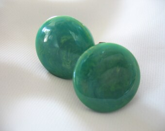 Bakelite Clip On Earrings, Blue Green, Marbled Swirl, 1930s, Brass Clip on, Button Earrings, Early Plastic, Teal, Christmas Green