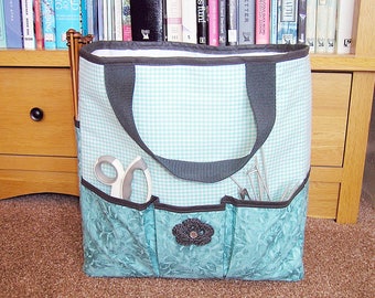 Handmade Knitting Bag, project bag, craft bag, yarn bag, crochet bag, knitting tote, knitting storage, tote bag, blue, teal, aqua