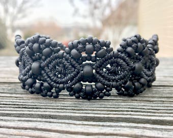 Micro-Macrame Beaded Cuff Bracelet - Matte Black