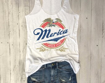 Merica Since 1776...Funny Beer Tank, Yoga Shirt, Gym Tank, Fitness Tank, Gym Tank, July 4th, Fouth of July, Star Spangled, Red White