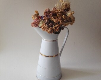 French vintage pitcher, White enamel, French kitchen, flower vase, Cottage Decor, gardening, Farmhouse, Kitchen Decor, Gold, enamelware, jug