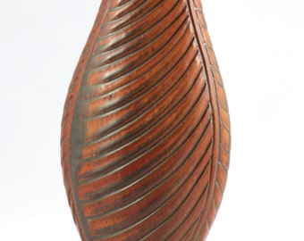 Handmade Ceramic Cocoon Vase, Oval Pottery Vase, Thrown and Altered, Hand Carved, Red Glaze