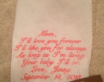 Mother of the Bride LACE SCRIPT Heirloom Personalized Wedding Handkerchief Custom Embroidered