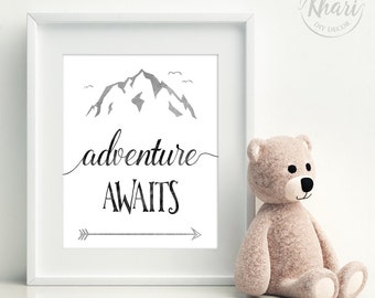 Nursery Print - kids wall art - nursery wall art - baby gift - adventure awaits - PRINTABLE