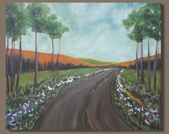 semi abstract painting, landscape painting, gift, road painting, countryside, green orange, impressionist painting, small art, wall art