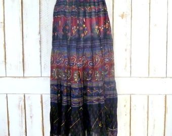 Black/red/blue tribal floral Indian print boho crinkle vintage maxi skirt/long gauzy boho gypsy festival skirt/20 W