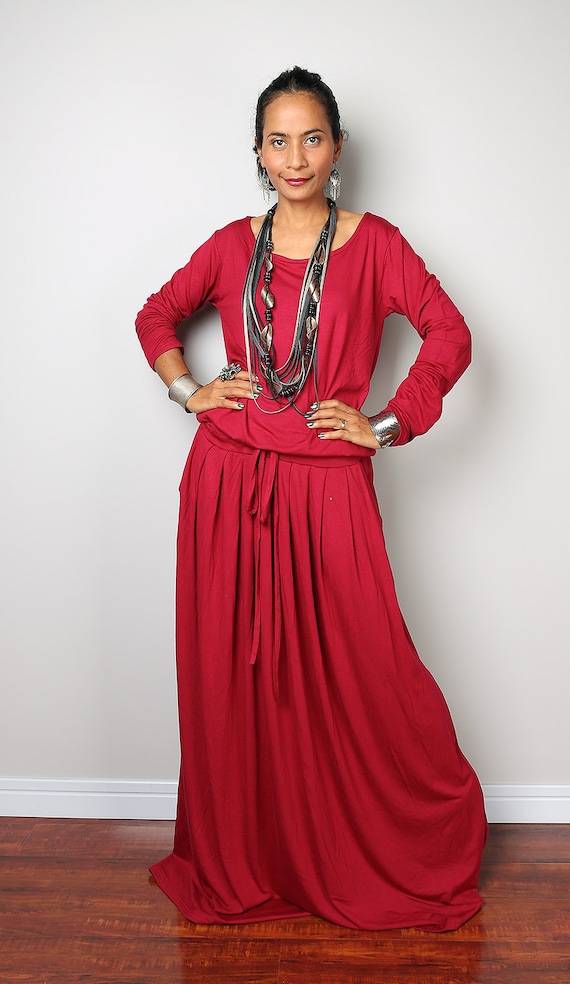 Wine Red Dress Long Sleeved Red Maxi dress : Autumn Thrills
