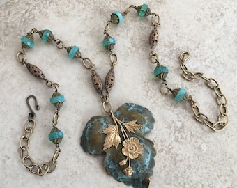 Verdigris Patina Leaf Pendant Necklace