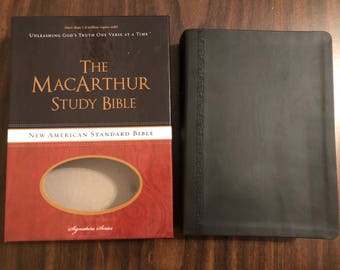 PERSONALIZED ** NASB Macarthur Study Bible - Raven Black Leathersoft ** Custom Imprinted