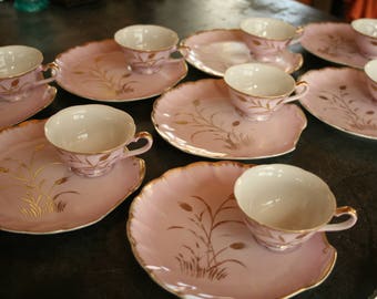 Vintage 1950's, Napco China, Pink and Gold, Snack Set, Wheat Pattern, Tea, Bridal Shower, Napco, Mid Century China, Wedding, Spring Decor