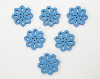 SET of 6 wood buttons: flower Lacy blue 20mm