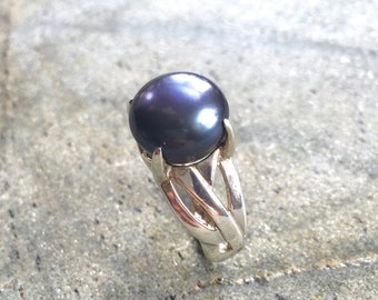 Black Pearl Ring, Real Pearl, Real Pearl Ring, Vintage Pearl Ring, Solid Silver Ring, Sterling Silver Ring, June Birthstone, Pure Silver