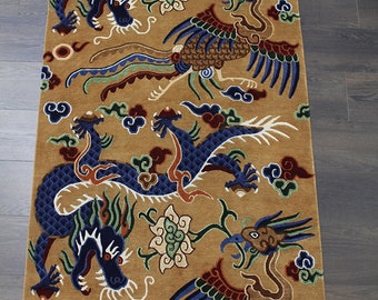Hand knotted Tibetan Rugs - 100% Tibetan Wool - Jhan Druk Dragon Design Carpet - Made in Nepal