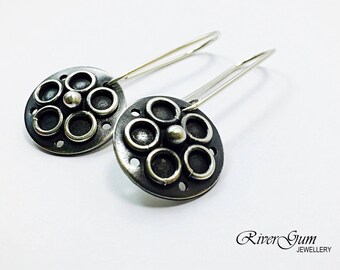 Silver Granulated Disc Earrings, Silver Circle Earrings, Long Dangle Earrings, Argentium Silver Earrings, Oxidized Earrings
