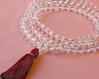 Grade A Quartz Mala Prayer Bead Necklace with Carved Quartz Marker & Maroon Silk - Clarity Mala