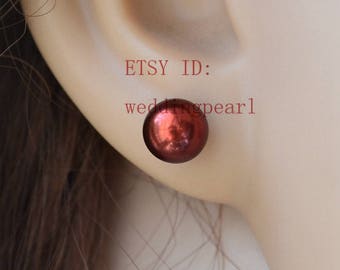 Brown pearl earrings - AAA 7.5mm freshwater pearl earrings stud sterling silver post stud, brown earrings, wedding earrings, brown bead